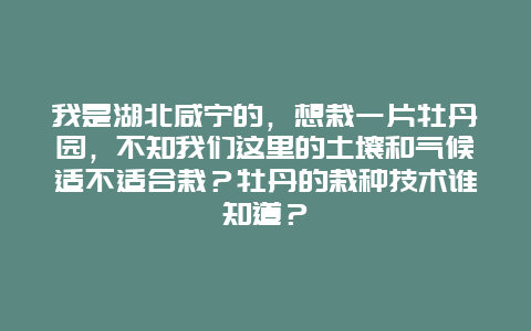 我是湖北咸宁的，想栽一片牡丹园，不知我们这里的土壤和气候适不适合栽？牡丹的栽种技术谁知道？