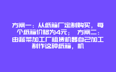 方案一：从纸箱厂定制购买，每个纸箱价格为4元； 方案二：由蔬菜加工厂租赁机器自己加工制作这种纸箱，机