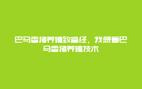 巴马香猪养殖致富经，我想看巴马香猪养殖技术