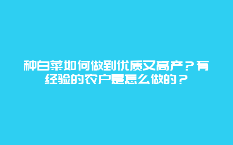 种白菜如何做到优质又高产？有经验的农户是怎么做的？