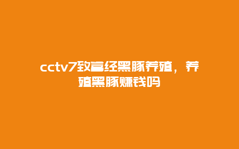 cctv7致富经黑豚养殖，养殖黑豚赚钱吗