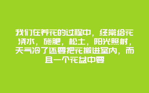 我们在养花的过程中，经常给花浇水，施肥，松土，阳光照射，天气冷了还要把花搬进室内，而且一个花盆中要