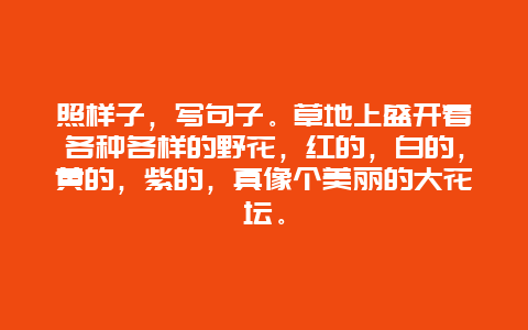 照样子，写句子。草地上盛开着各种各样的野花，红的，白的，黄的，紫的，真像个美丽的大花坛。